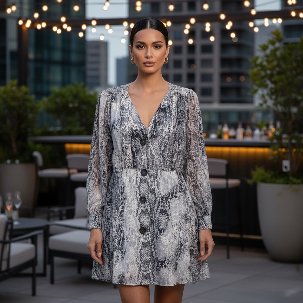 Snake Print Mini Dress – Button Front Long Sleeve